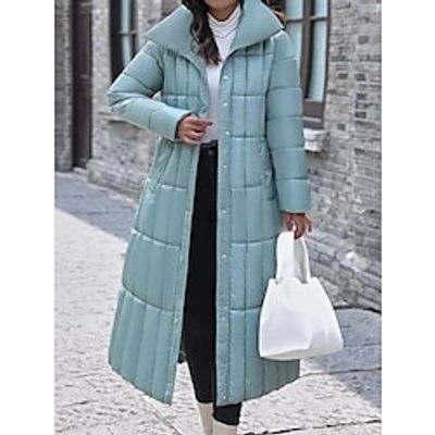 Women's Parka Long Puffer Jacket Quilted Winter Coat Zip up Hooded Coat Thermal Warm Heated Coat Fall Belted Outerwear with Pockets Warm Classic Long Sleeve Black White Blue Lightinthebox