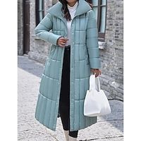 Women's Parka Long Puffer Jacket Quilted Winter Coat Zip up Hooded Coat Thermal Warm Heated Coat Fall Belted Outerwear with Pockets Warm Classic Long Sleeve Black White Blue Lightinthebox - thumbnail