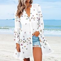 Women's Shirt Blouse Shrugs Tunic White Butterfly Button Print Long Sleeve Holiday Beach Hawaiian Casual Beach V Neck Long Butterfly S miniinthebox - thumbnail