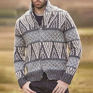 Men's Sweater Cardigan Sweater Ribbed Knit Regular Knitted Geometric Queen Anne Warm Ups Modern Contemporary Daily Wear Going out Clothing Apparel Winter Gray M L XL Lightinthebox