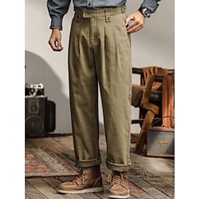 Men's Trousers Chinos Casual Pants Button Pocket Straight Leg Plain Comfort Breathable Outdoor Daily Going out Fashion Casual Army Green miniinthebox