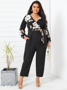 YOINS Plus Size V-neck Floral Print Side Pockets Belt Design Long Sleeves Jumpsuit