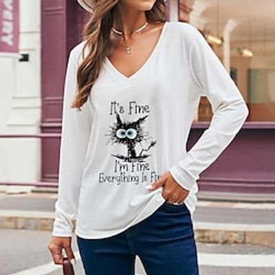 Women's T shirt Tee Cat Letter White Print Long Sleeve Casual Fashion Funny V Neck It's Fine Everything is Fine Regular Fit Spring   Fall Lightinthebox