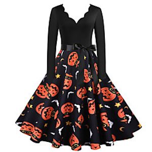 Women's A Line Dress Midi Dress Black Long Sleeve Print Vintage Style Fall Winter V Neck Vintage 2021 S M L XL XXL XXXL miniinthebox