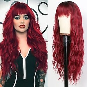 Burgundy Red Long Wavy Wigs for Black Women Glueless Wine Red Body Wave Synthetic Wig Heat Resistant Fiber Hair Wig with Bangs Natural Curly Ombre Burgundy Colorful Fashion Wig ChristmasPartyWigs miniinthebox