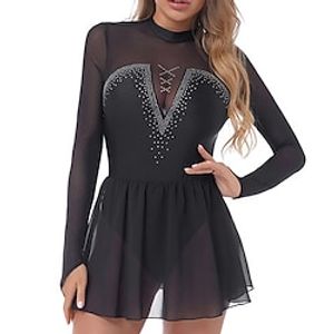Figure Skating Dress Women's Girls' Ice Skating Dress Black Navy Blue Burgundy Thumbhole Open Back High Elasticity Training Competition Skating Wear Crystal  Rhinestone Long Sleeve Ice Skating Lightinthebox