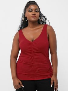 YOINS BASICS Plus Size Deep V Neck Pleated Design Sleeveless Tank Top