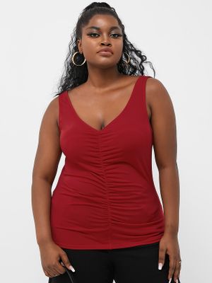 YOINS BASICS Plus Size Deep V Neck Pleated Design Sleeveless Tank Top