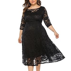 Women's Plus Size Party Dress Floral Crew Neck Lace 3/4 Length Sleeve Spring Fall Work Prom Dress Midi Dress Party Daily Dress miniinthebox