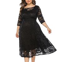 Women's Plus Size Party Dress Floral Crew Neck Lace 3/4 Length Sleeve Spring Fall Work Prom Dress Midi Dress Party Daily Dress miniinthebox - thumbnail