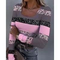Women's T shirt Tee Pink Blue Green Color Block Print Long Sleeve Daily Weekend Fashion U Neck Slim Painting Spring   Fall Lightinthebox