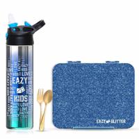 Eazy Kids 6 & 4 Convertible Bento Lunch Box With 530Ml Stainless Steel Water Bottle And Spoon Fork Set - Glitter Blue