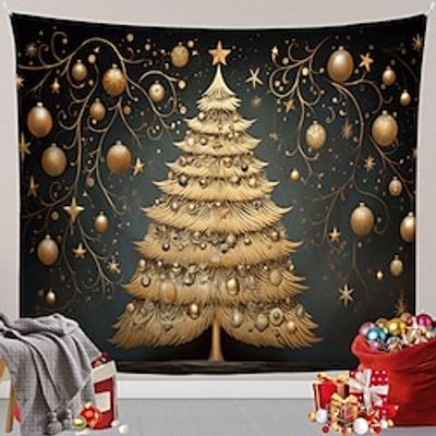 Christmas Gold Trees Hanging Tapestry Wall Art Xmas Scandinavian Folk Art Large Tapestry Mural Decor Photograph Backdrop Blanket Curtain Home Bedroom Living Room Decoration miniinthebox