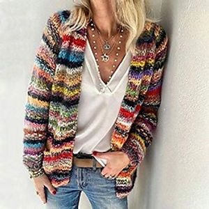 Women's Classic  Timeless Casual Printing Multi Color Stripes Cardigan Sweater Cotton Long Sleeve Sweater Cardigans Round Neck Fall Spring Blue Red miniinthebox