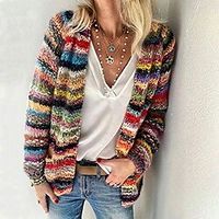Women's Classic  Timeless Casual Printing Multi Color Stripes Cardigan Sweater Cotton Long Sleeve Sweater Cardigans Round Neck Fall Spring Blue Red miniinthebox - thumbnail