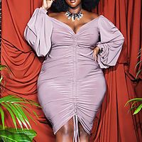 Women's Plus Size Dress Sheath Dress Knee Length Dress Long Sleeve Solid Color Ruched Casual Fall Blushing Pink XL XXL 3XL 4XL 5XL Lightinthebox - thumbnail