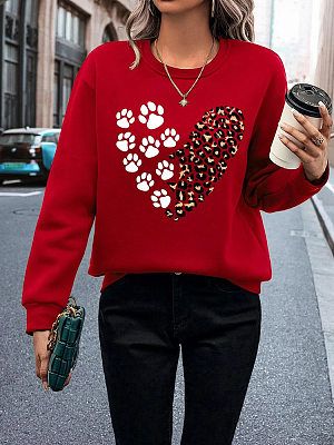 Women's Cat Claw Love Print Round Neck Casual Sweater