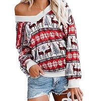 Women's Shirt Wine Red Black Deer Santa Claus Print Long Sleeve Christmas Casual Streetwear V Neck Regular S miniinthebox - thumbnail