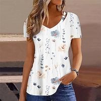 Women's T shirt Tee White Red Blue Floral Cut Out Print Short Sleeve Holiday Weekend Basic V Neck Regular Floral Painting S miniinthebox - thumbnail