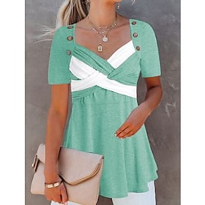 Women's Shirt Blouse Pink Purple Green Color Block Patchwork Button Short Sleeve Casual Basic V Neck Regular S miniinthebox