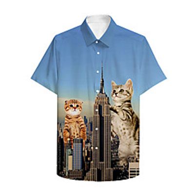 Men's Shirt 3D Print Cat Building Animal Plus Size 3D Print Button-Down Short Sleeve Casual Tops Casual Fashion Breathable Comfortable Blue Lightinthebox