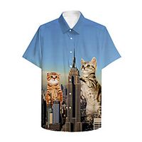 Men's Shirt 3D Print Cat Building Animal Plus Size 3D Print Button-Down Short Sleeve Casual Tops Casual Fashion Breathable Comfortable Blue Lightinthebox - thumbnail