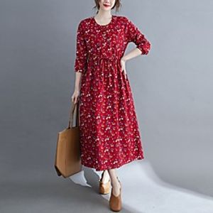 2021 spring new literary large size thin waist long-sleeved dress printed waist mid-length cotton and linen skirt miniinthebox