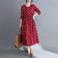 2021 spring new literary large size thin waist long-sleeved dress printed waist mid-length cotton and linen skirt miniinthebox - thumbnail
