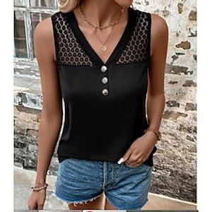 Women's Tank Top Black Plain Lace Patchwork Sleeveless Casual Basic V Neck Regular S miniinthebox