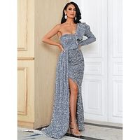 A-Line Evening Gown Elegant Dress Formal Sweep  Brush Train Long Sleeve One Shoulder Sequined with Glitter Ruched Slit 2023 Lightinthebox - thumbnail