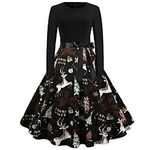 Women's A Line Dress Knee Length Dress Blue Blushing Pink Green Black Red Navy Blue Long Sleeve Print Letter Animal Bow Print Fall Winter Round Neck Casual Vintage Christmas 2021 S M L XL XXL Lightinthebox