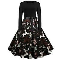 Women's A Line Dress Knee Length Dress Blue Blushing Pink Green Black Red Navy Blue Long Sleeve Print Letter Animal Bow Print Fall Winter Round Neck Casual Vintage Christmas 2021 S M L XL XXL Lightinthebox - thumbnail