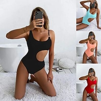 Women's Swimwear One Piece Normal Swimsuit Cut Out Solid Color Light Pink Lake blue Black Red Bodysuit Bathing Suits Sports Summer miniinthebox