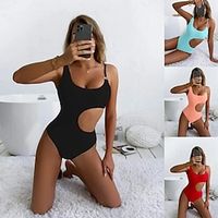Women's Swimwear One Piece Normal Swimsuit Cut Out Solid Color Light Pink Lake blue Black Red Bodysuit Bathing Suits Sports Summer miniinthebox - thumbnail