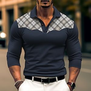 Men's Polo Shirt Button Up Polos Casual Sports Lapel Long Sleeve Fashion Basic Plaid Color Block Patchwork Button Spring   Fall Regular Fit Black White Navy Blue Polo Shirt Lightinthebox