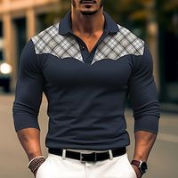 Men's Polo Shirt Button Up Polos Casual Sports Lapel Long Sleeve Fashion Basic Plaid Color Block Patchwork Button Spring   Fall Regular Fit Black White Navy Blue Polo Shirt Lightinthebox - thumbnail