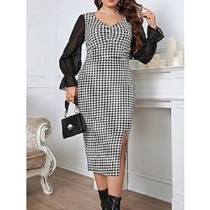 Women's Plus Size Curve Party Dress Cocktail Dress Bodycon Midi Dress Black Long Sleeve Print Mesh Spring Fall Winter V Neck Fashion Winter Dress Birthday Wedding Guest 2023 XL XXL 3XL 4XL Lightinthebox