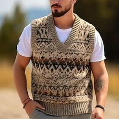 Geometry Retro Vintage Men's Print Knitting Sweater Vest Knitwear Outdoor Daily Vacation Sleeveless V Neck Sweaters Dark Brown tea brown Brown Fall Winter M L XL Sweaters Lightinthebox