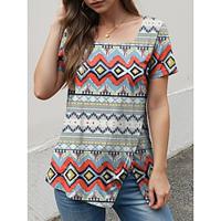 Women's T shirt Tee Geometric Daily Print Blue Short Sleeve Bohemia Fashion Square Neck Summer Lightinthebox