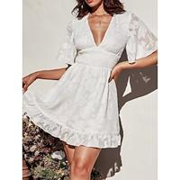 Women's White Dress Casual Dress A Line Dress Mini Dress Lace Ruffle Vacation Beach Streetwear Basic V Neck Short Sleeve White Color Lightinthebox