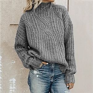 Women's Pullover Jumper Cable Chunky Knit Knitted Solid Color Turtleneck Fall Black Blue S M L / Long Sleeve / Regular Fit miniinthebox