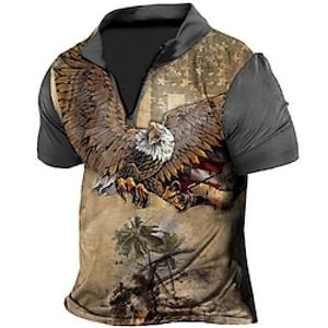 Men's Unisex Golf Shirt 3D Print Color Block Graphic Prints Eagle Collar Street Daily Zipper Patchwork Short Sleeve Tops Casual Big and Tall Sports Brown / Summer / Summer miniinthebox