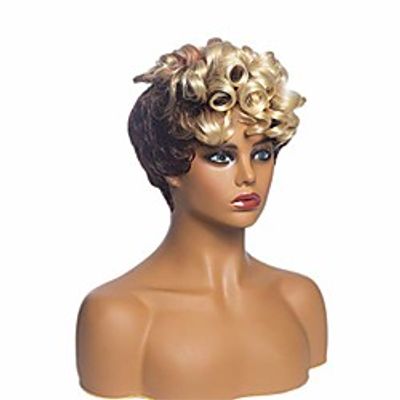 xiufaxirusi short brown ombre golden curly hair synthetic wigs for women layered natural looking wigs daily party christmas wig (brown ombre golden curly) Lightinthebox