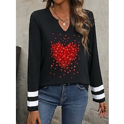 Women's T shirt Tee Heart Black Print Long Sleeve Valentine's Day Weekend Fashion V Neck Regular Fit Spring   Fall Lightinthebox
