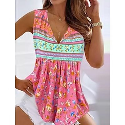 Women's Tank Top Red Floral Quarter Zip Print Sleeveless Casual Holiday Basic V Neck Regular Floral S Lightinthebox