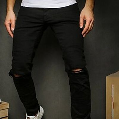 Men's Classic Style Fashion Skinny Trousers Pocket Ripped Pants Sports Outdoor Casual Micro-elastic Solid Color Cotton Blend Comfort Breathable Mid Waist Black M L XL XXL 3XL Lightinthebox