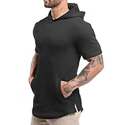 mens hipster hip hop workout short sleeve hoodies hooded pullover gym sweatshirts with kanga pocket t07 - black - x-large Lightinthebox