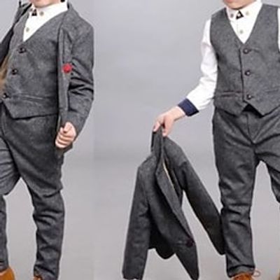 3 Pieces Kids Boys Suit  Blazer Clothing Set Outfit Solid Color Long Sleeve Cotton Set School Gentle Preppy Style Spring Summer 3-10 Years Blue Light gray Lightinthebox