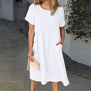 Women's Cotton Linen Dress Casual Dress Shift Dress Midi Dress Cotton Blend Basic Casual Daily Holiday Vacation Crew Neck Pocket Short Sleeve Summer Spring 2023 Loose Fit White Pink Blue Pure Color S miniinthebox