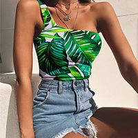 Women's Crop Top Tank Top Vest Graphic Leaf Print One Shoulder Tops Slim Basic Streetwear Basic Top White Purple Green Lightinthebox - thumbnail